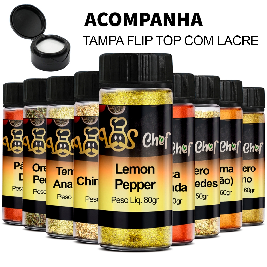 Kit 10, 5 Temperos Pote Até 130gr Chimichurri Lemon Pepper Cúrcuma Baiano Páprica Defumada LosChef