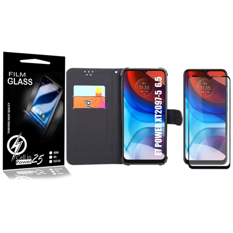 Película Vidro 3D + Capa Carteira PRETA Moto E7 P