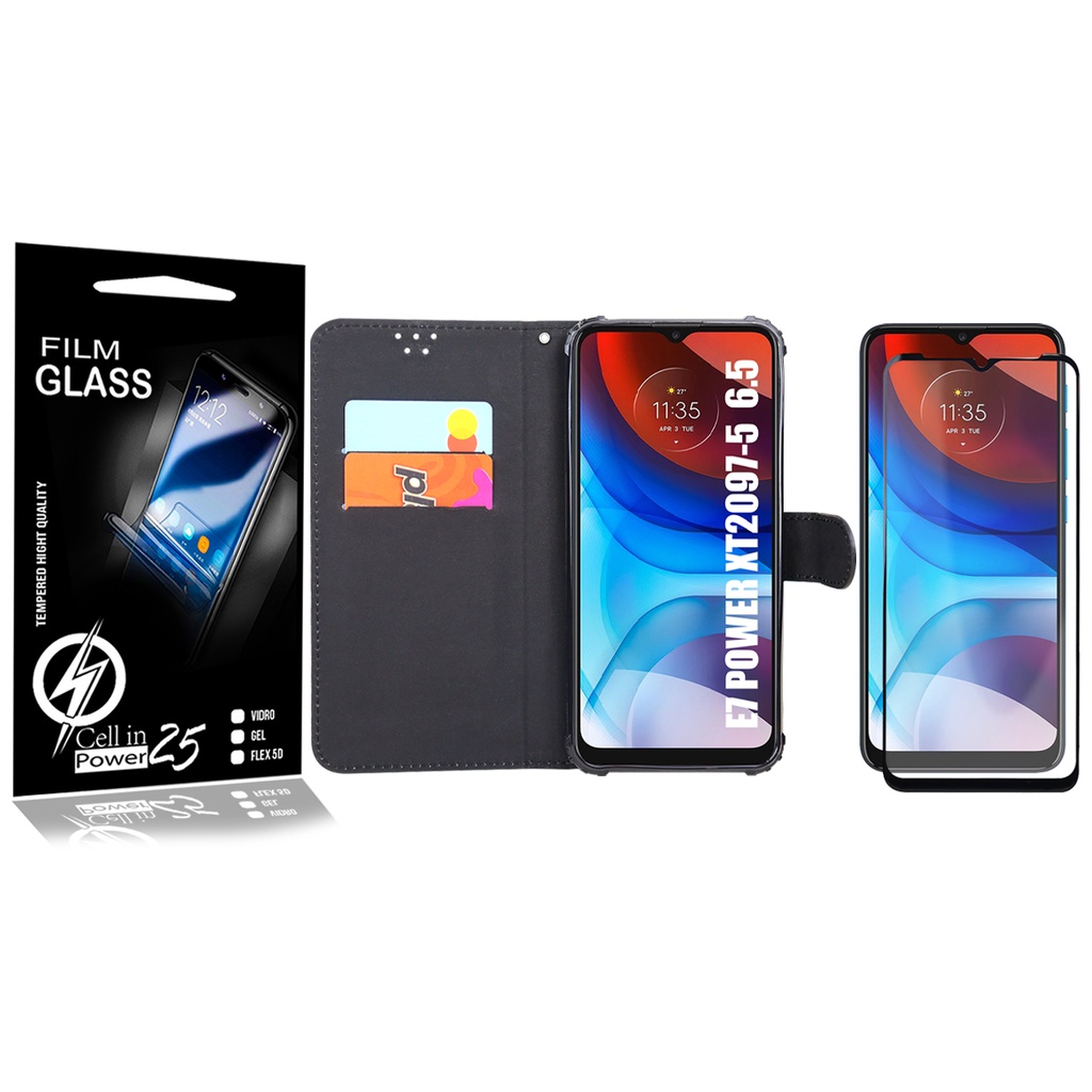 Película Vidro 3D + Capa Carteira PRETA Moto E7 Power 6.5 XT2097 – Cell In Power25