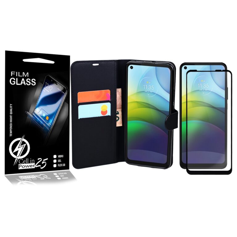 Pelicula Vidro 3D + Capa Carteira PRETA Moto G9 Po