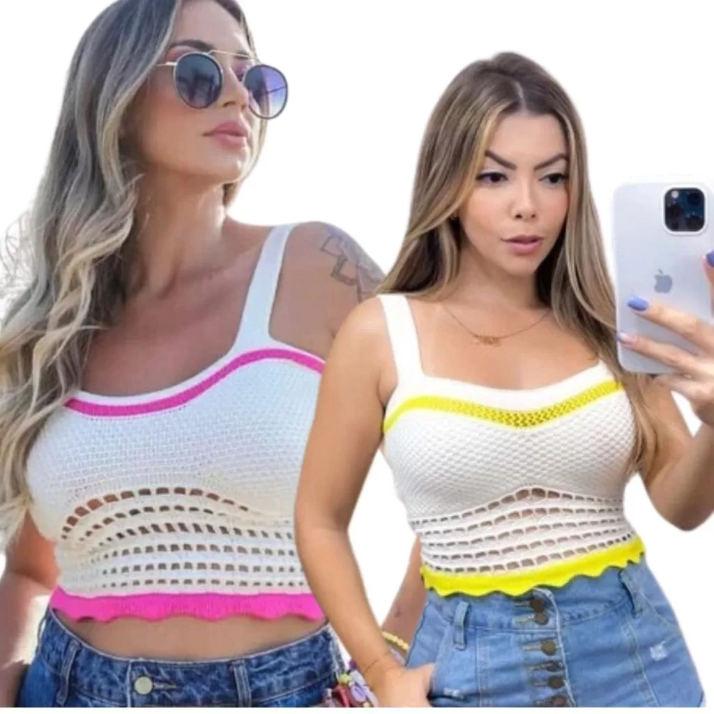 Cropped Feminino Tricô Modal Vazado Alça Média Básico Casual Elegante