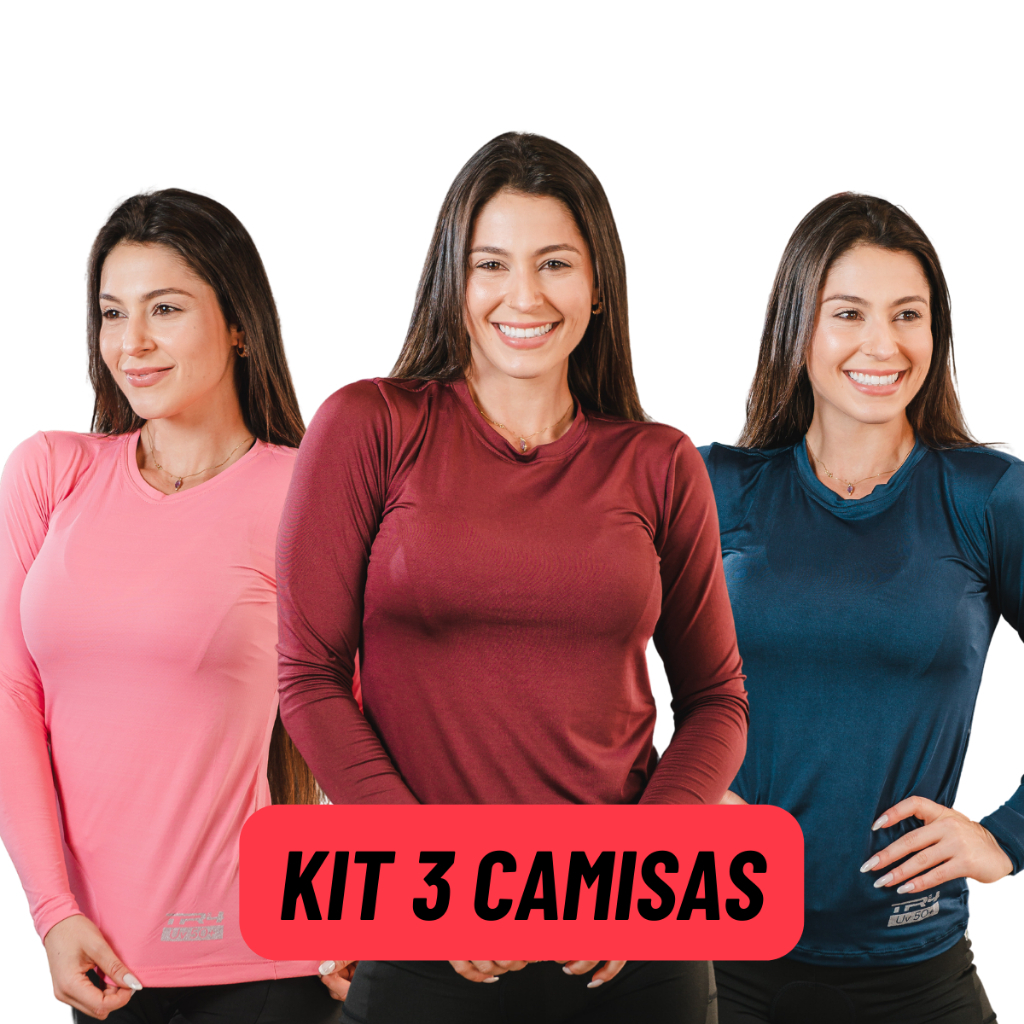 Blusa Kit 3 Camisas Feminina Proteção UV Camiseta Manga Longa Inverno Academia Treino Bike Frio