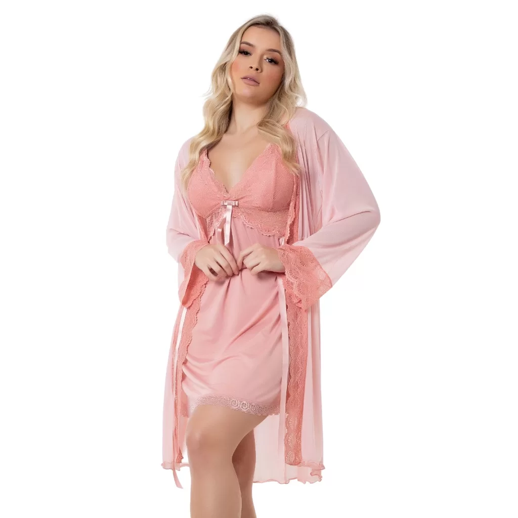 Kit Camisola Amamentação com Robe Tule e Renda Pós Parto