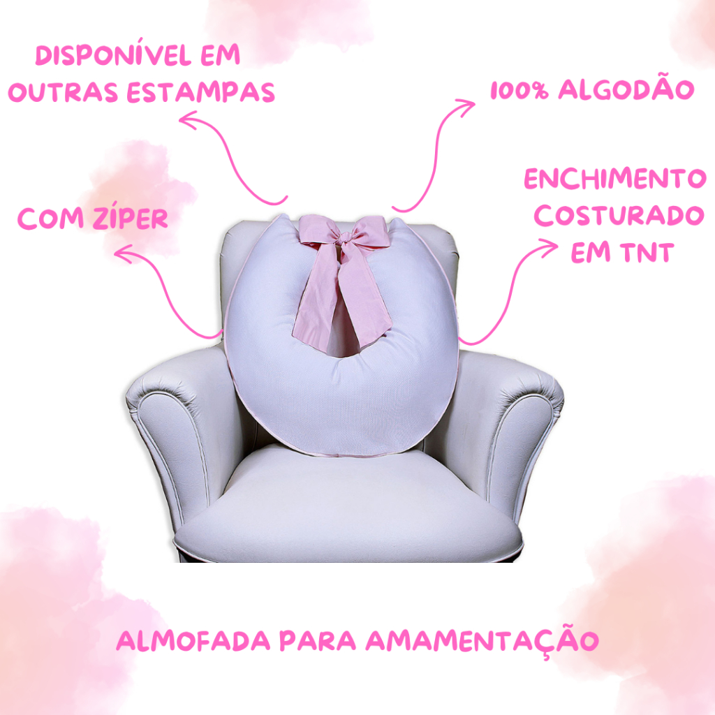 Almofada de Amamentação Com Laço Zíper Refil e Capa Removível Macia Piquet 100% Algodão Menina Menin