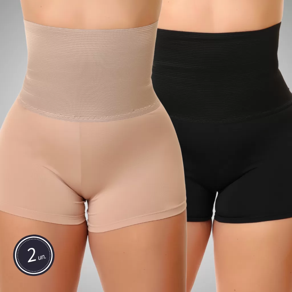 Kit 2 Cinta Modeladora Segura Barriga Segunda Pele Cintura Alta Básica Short Anágua Moda Íntima Femi