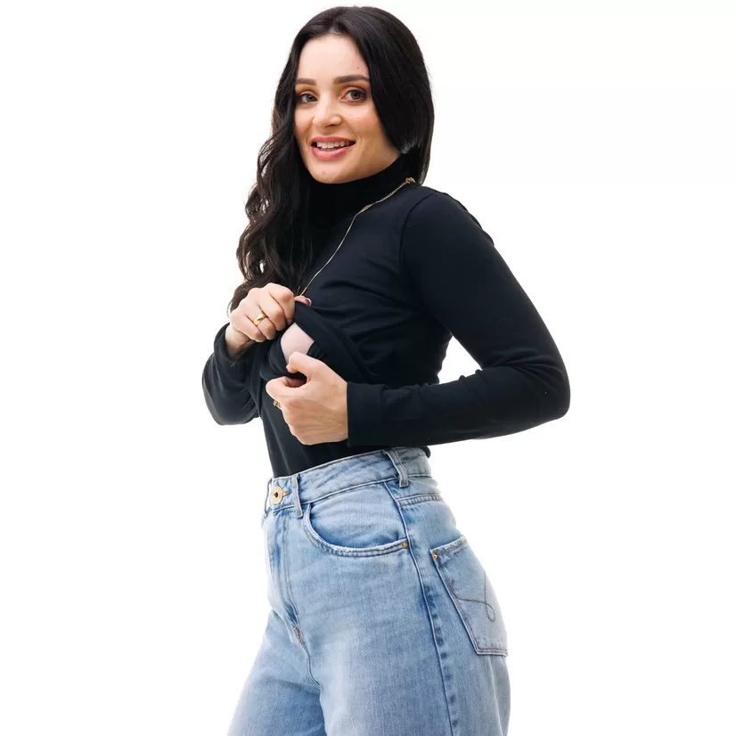 Blusa de Gola Alta e Manga Longa e com Abertura Frontal Para Amamentação