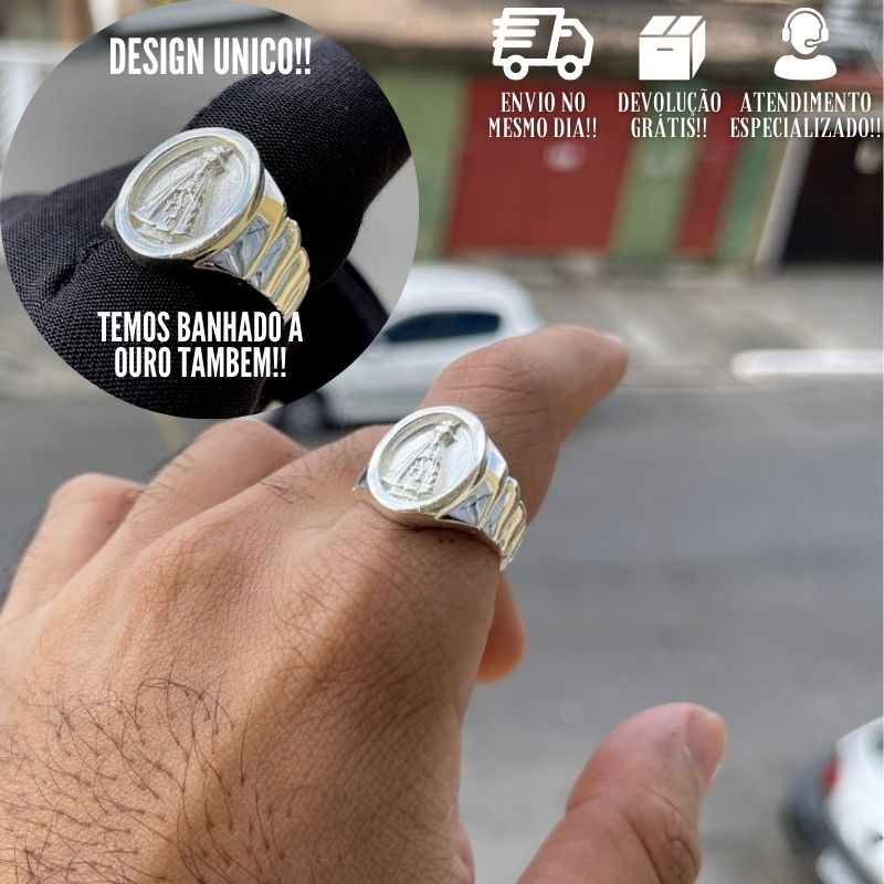 Anel Masculino De Prata 925 Nossa Senhora Banhado a Prata 925 Italiana Anel De Nossa Senhora Dedeira