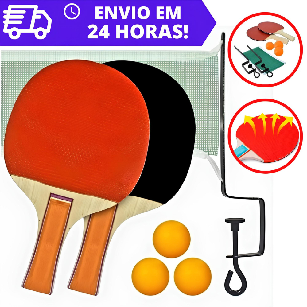 KIT Ping Pong Tênis de Mesa C/ 2 Raquetes Anatômicas, 3 Bolas, 1 Rede e 2 Suportes