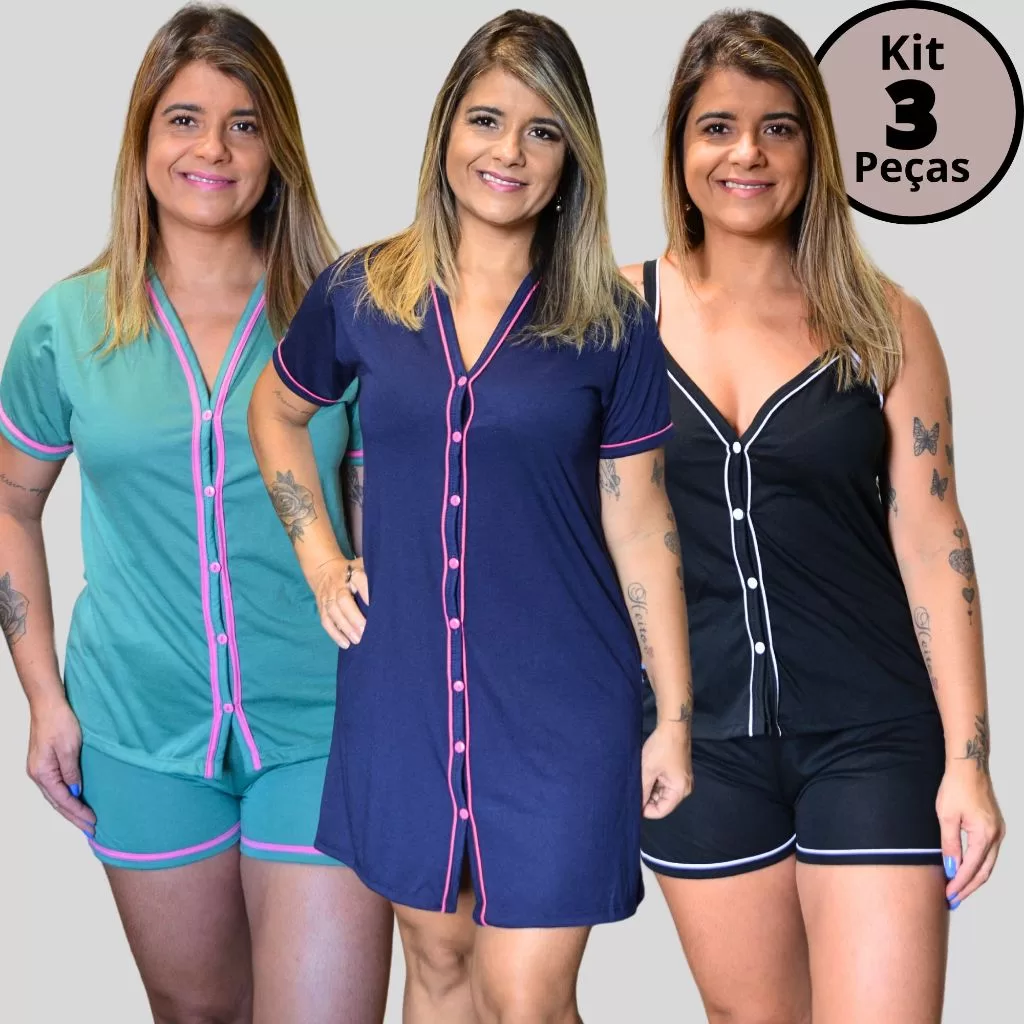 Kit Amamentação 3 Peças Pijamas + Camisola com Botões em Malha Cores Sortidas Cirurgico Amamentação