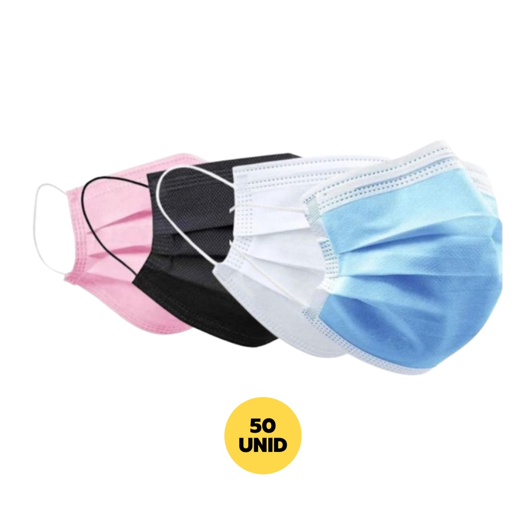 Máscara Descartável Adulto Preta Azul Rosa e Branco Tripla Camada Com 50 Unidades