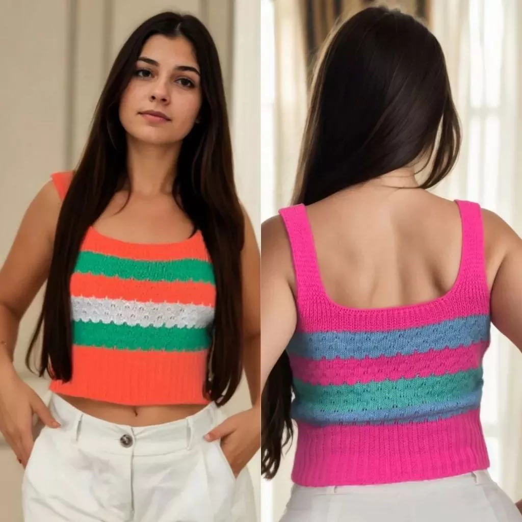 Cropped Feminino Tricot Regata Decote Quadrado Listrado Casual Básico Estiloso