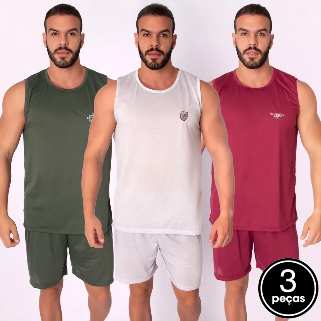 Kit 3 Pijama Liso Masculino Regata Short Curto Dormir Verão Básico Adulto Malha