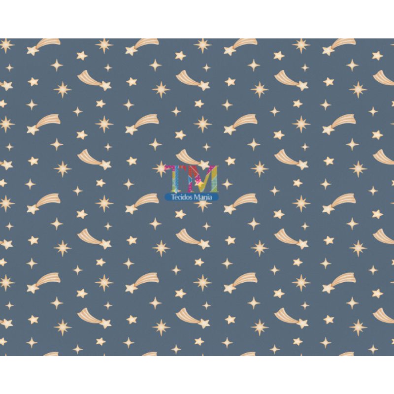 Tecido tricoline, microfibra ou gabardine estampado – Estrela cadente – fundo azul jeans – 0.50