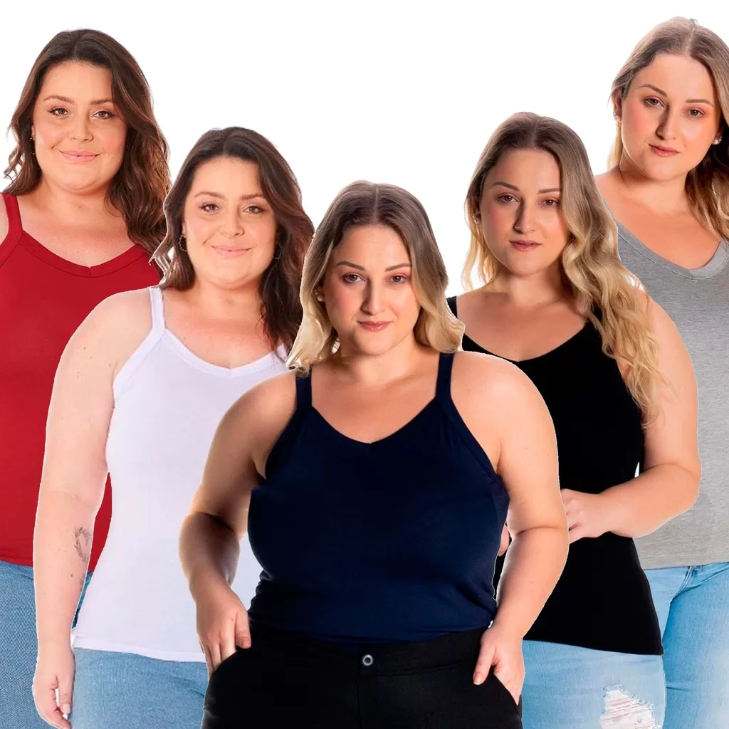 Regatas Plus Size Feminina Kit 5 Regata Feminina Tamanhos Grande em Viscolycra 1123 Várias Cores