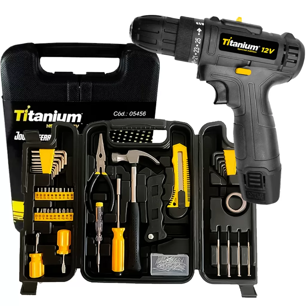 Jogo Ferramentas Completa 200 Peças Uso Geral + Parafusadeira Furadeira Bivolt 12V 3/8Pol.