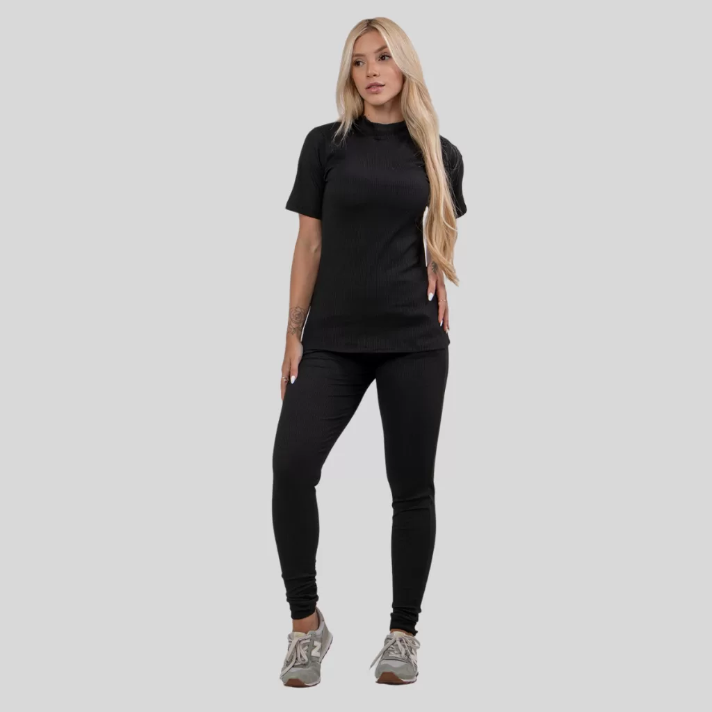 Conjunto Canelado Rioutlet Calça + Blusa Manga Curta Ribana