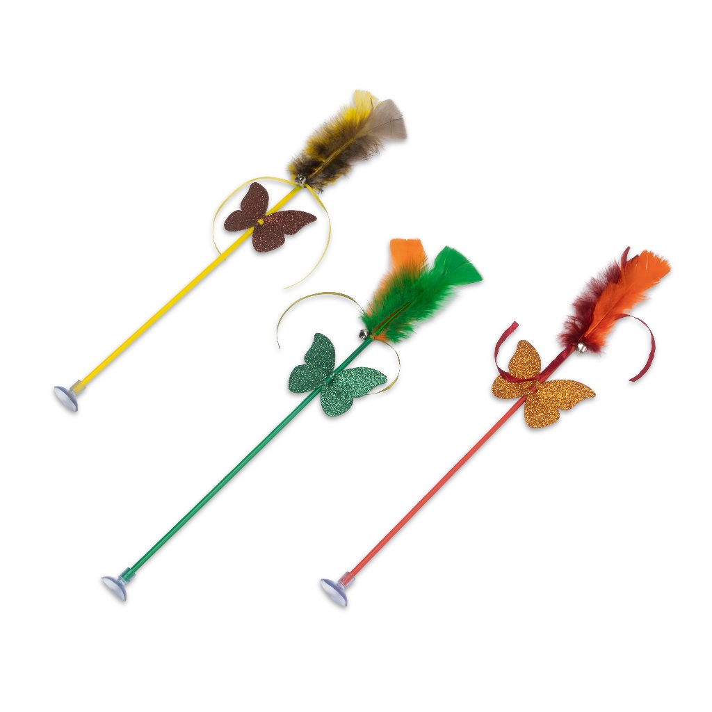Varinha para Gato com Ventosa Borboleta e Penas Brinquedo Interativo Fixa em Superfícies Lisas