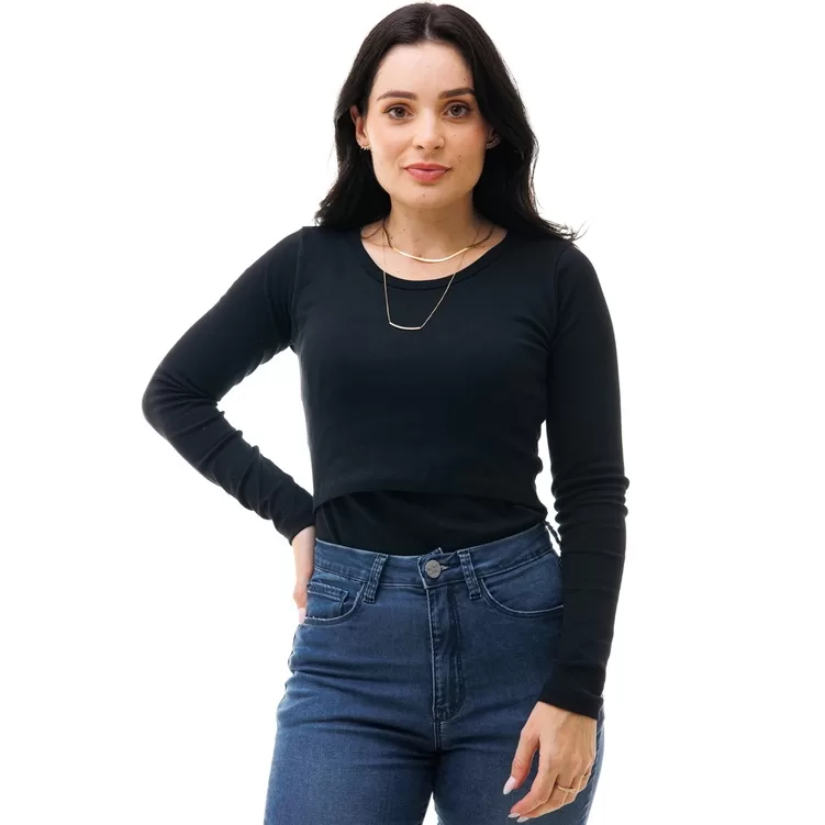 Blusa Feminina de Manga Longa com Gola Redonda e A