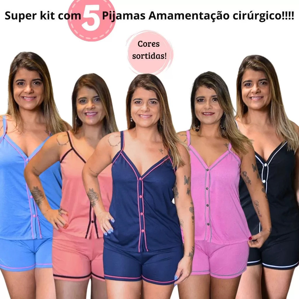 Kit 2 Pijama Americano de Alcinha Amamentação em Malha Cores Sortidas