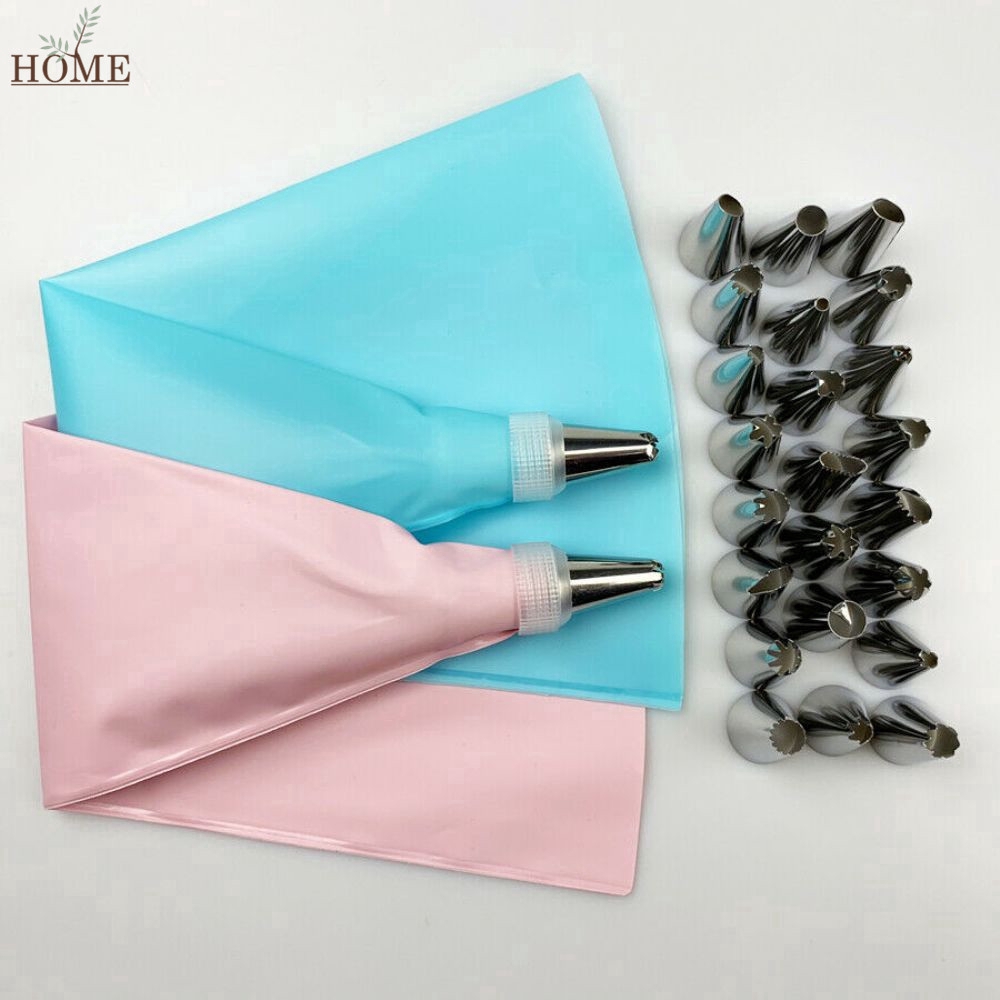 24 PÇS Azul/Rosa Conjunto de Saco de Confeiteira de Silicone com Bico para Decoração com Creme / Con