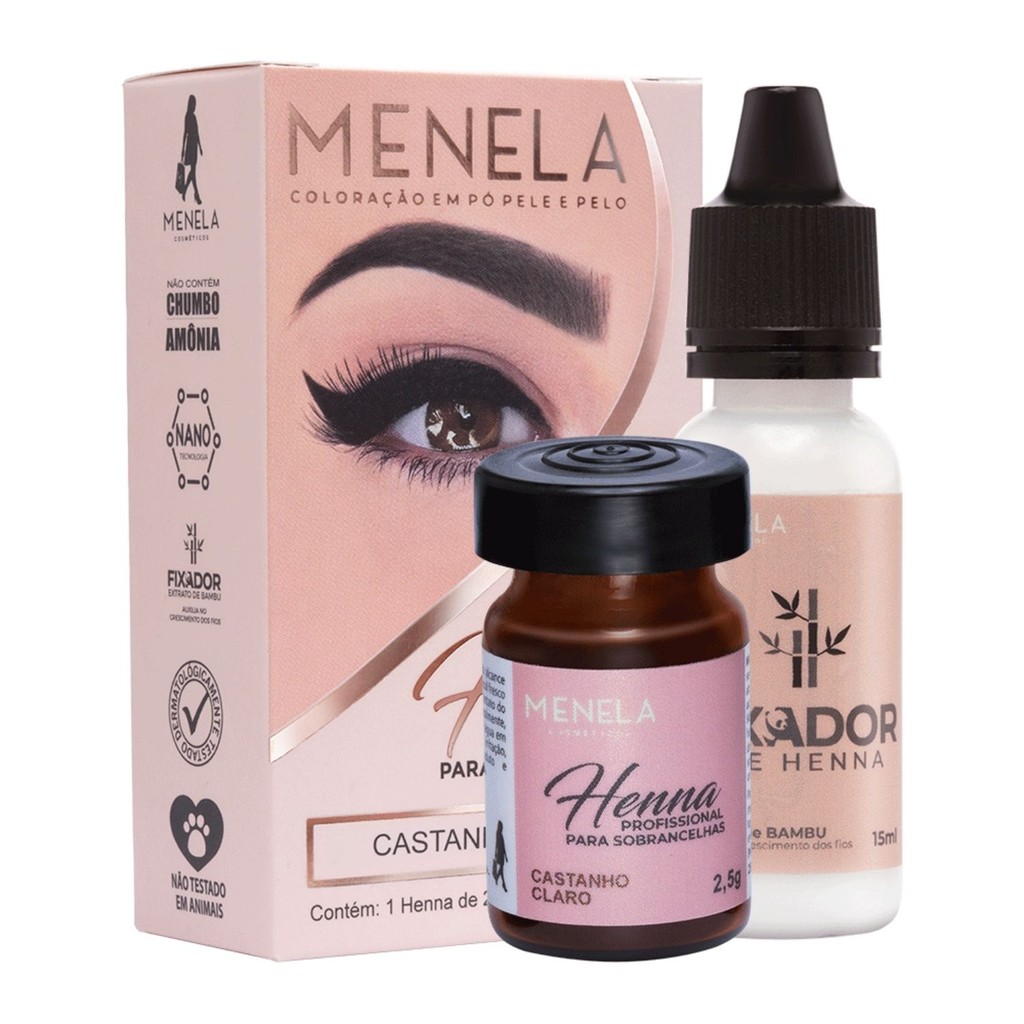 Henna Menela Profissional para Designer de Sobrancelhas Cor Castanho Claro 2,5g – Com Fixador e Nano
