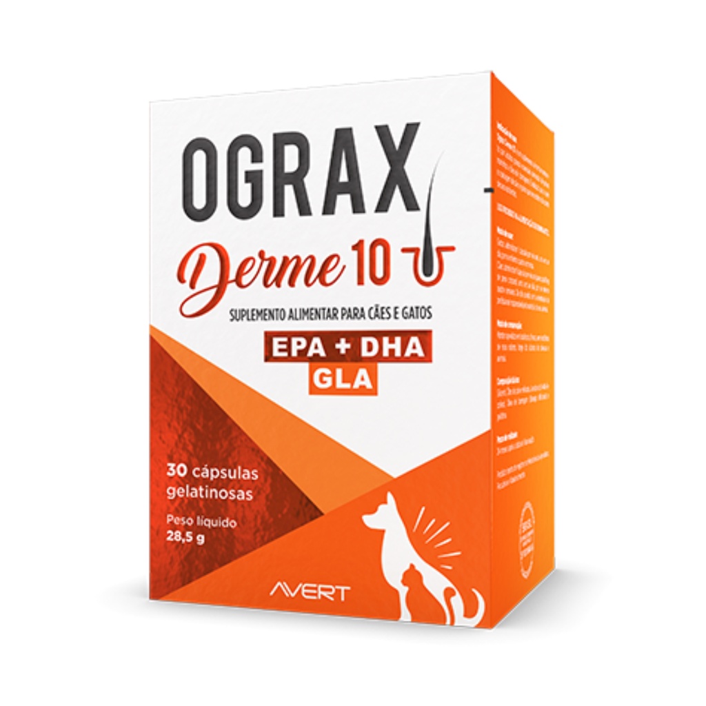 Ograx Derme 10 Suplemento DHA EPA GLA AL Cães e Gatos 30 Cápsulas Avert