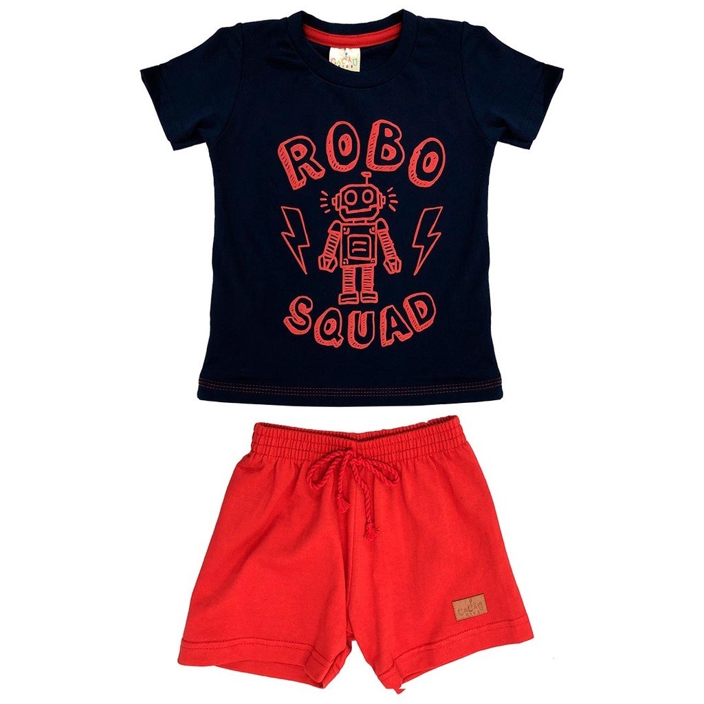 Conjunto Infantil Meninos Manga Curta Verão Azul Robô Cacau Kids Presente de Natal