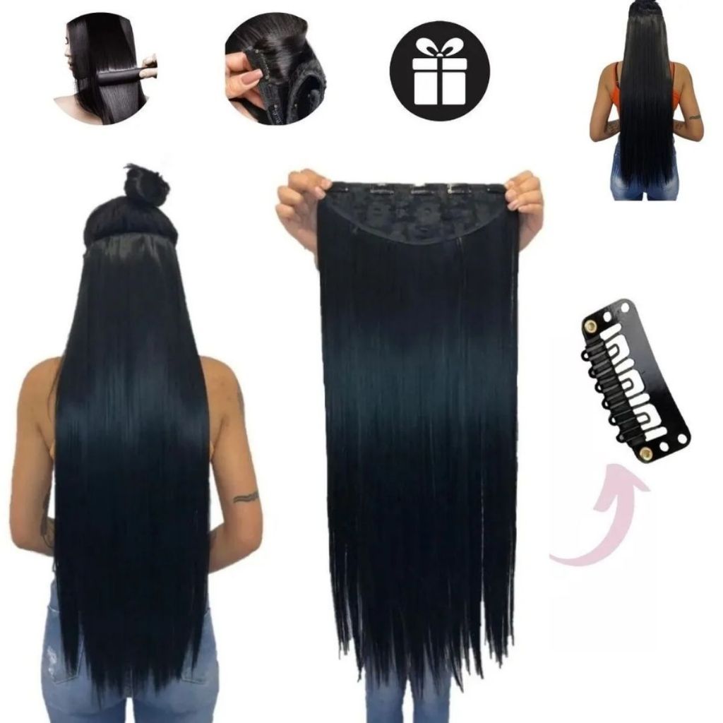Extensão de Cabelo Preto em Fibra Orgânica Wig Liso Com Aplique Tic Tac Volume Cheio Idêntico Humano