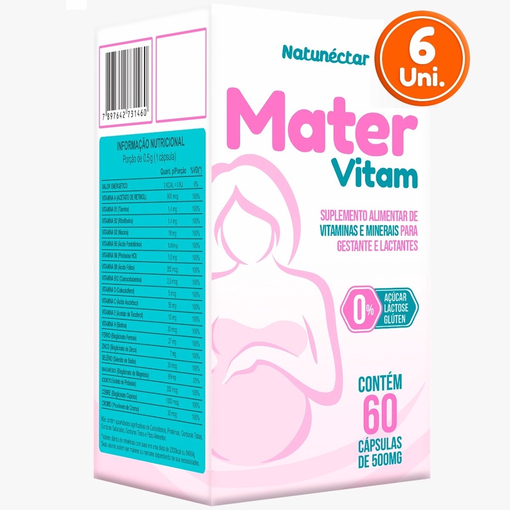 KIT 6 Mater Vitam 60 cápsulas Multivitamínico Gestante Lactante Mamãe mãe