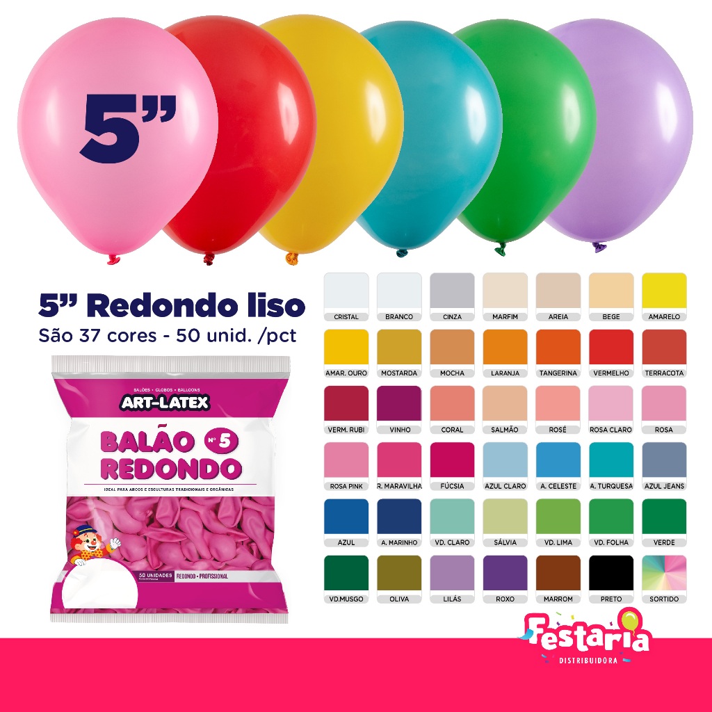 Balão Redondo 5  Diversas Cores   50 Unid  Art Latex