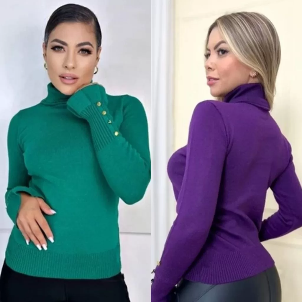 Blusa de Frio Feminina Tricô Manga Longa Cacharrel Botoes Casual Inverno