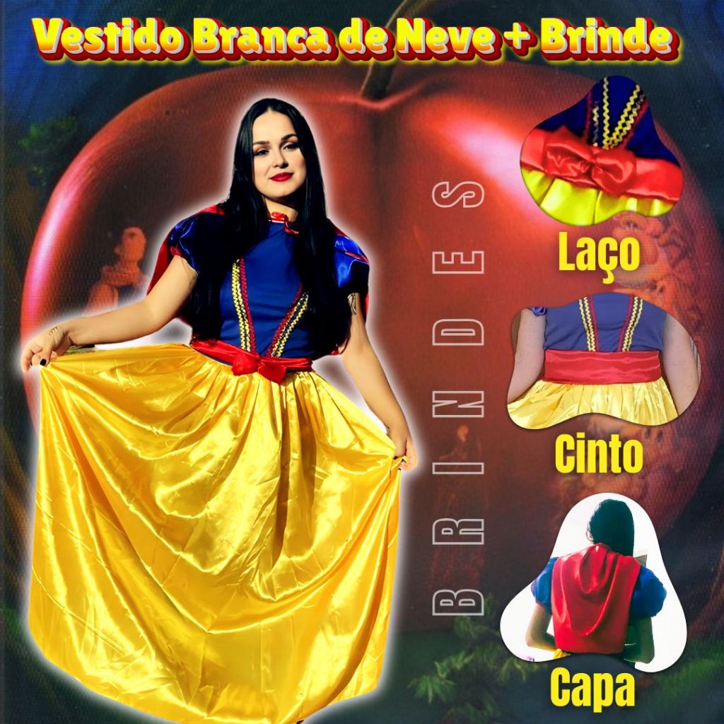Vestido Princesa Branca de Neve Premium Adulto Longo + Capa + Cinto + Laço Removível Entrega Ultra