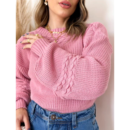 Blusa Feminina Tricot Manga Longa Com Trança Moda