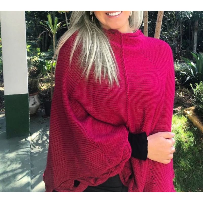 Poncho Tricot pesado feminino, detalhes ondas