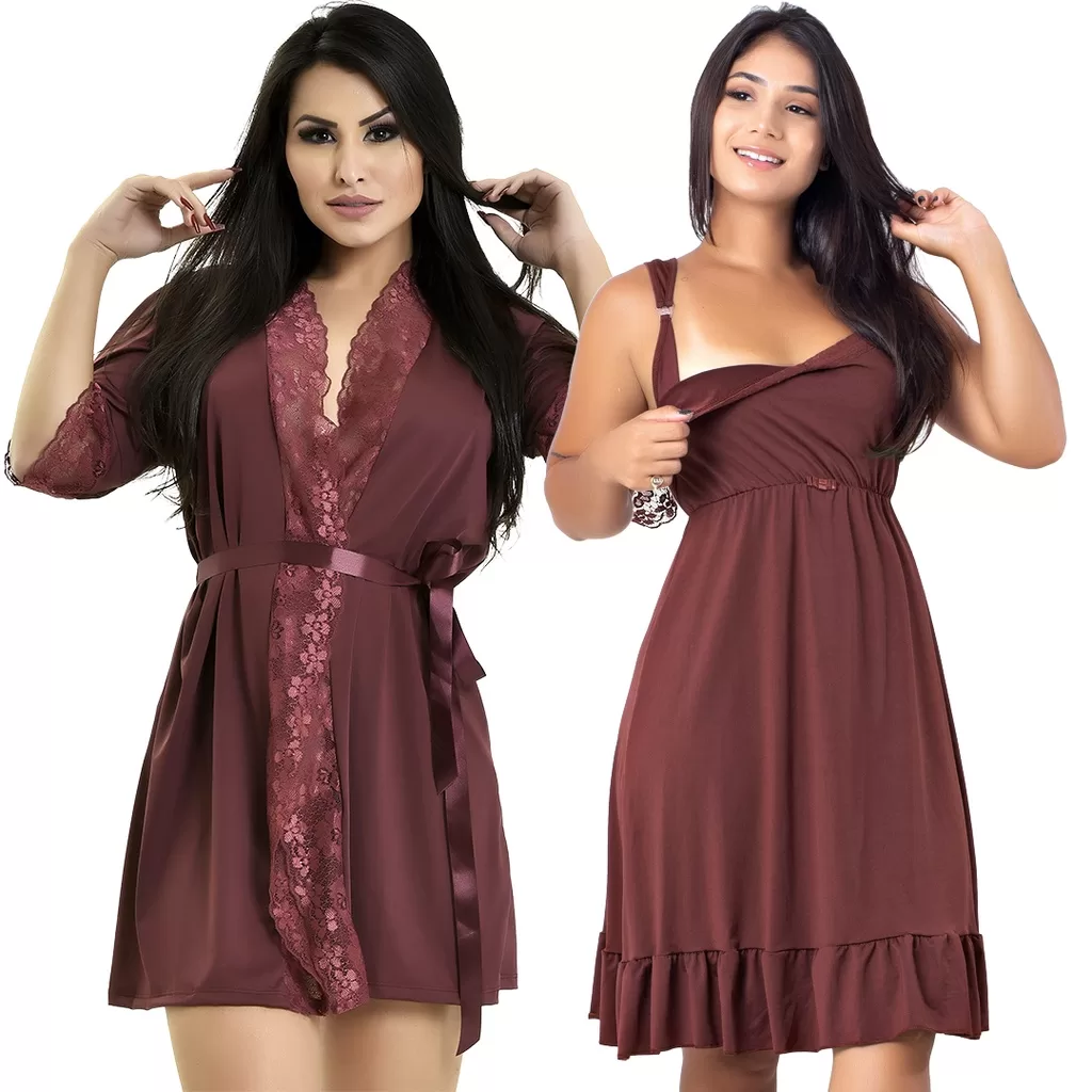Conjunto Gestante Camisola Amamentação mais Robe Microfibra e Renda | 184.850