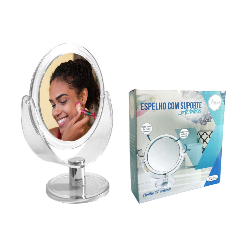 Espelho de mesa base acrílico para maquiagem ou barbear pequeno – com aumento – gira 360