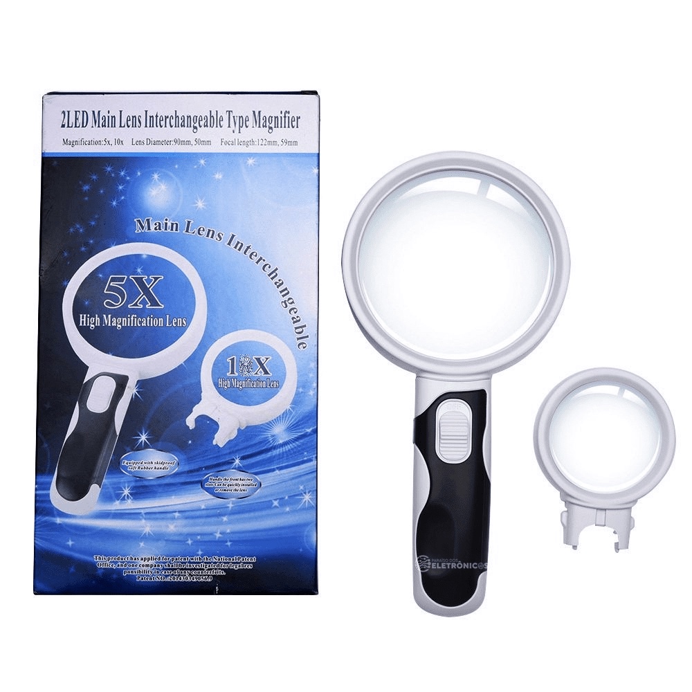 Lupa De Mão Duas Lentes Ajustáveis Ampliação de 5x a 16x Iluminada – 77390B