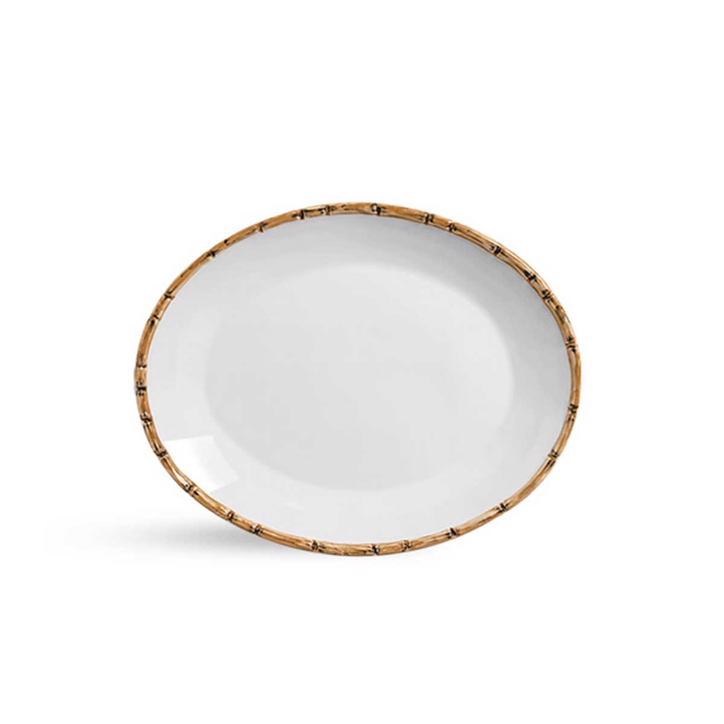 Travessa Funda de Cerâmica Branca com Borda de Bambu Scalla 41x32cm
