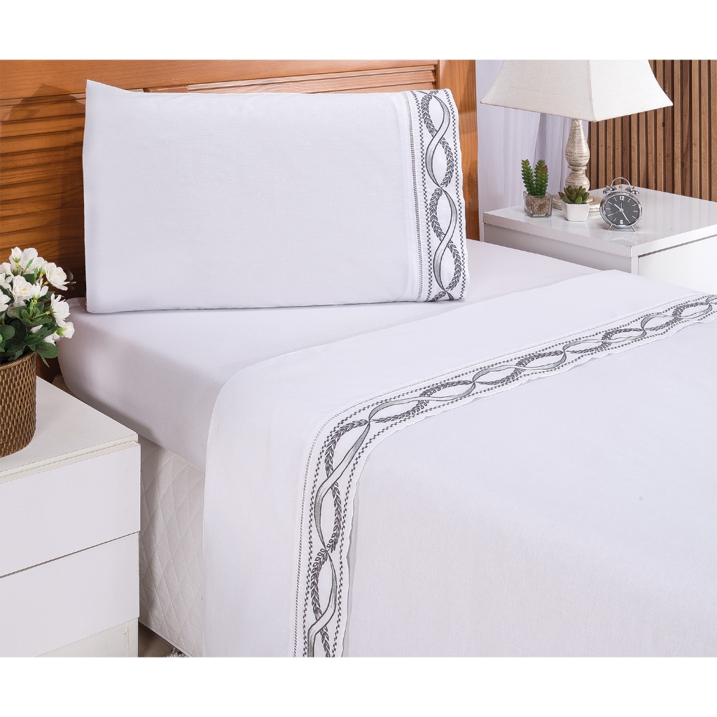 Jogo De Lençol Cama Solteiro 3 Peças Bordado Diversas Cores Percal 400 Fios