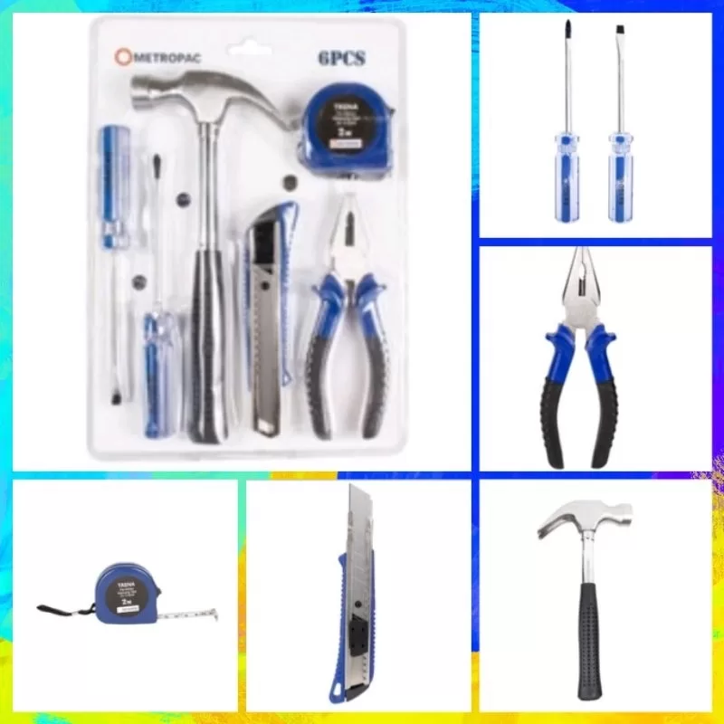 Kit de Ferramentas 6 peças metropac/ Martelo/ Trena com fita métrica/ Alicate/ Chave de fenda/ Estil