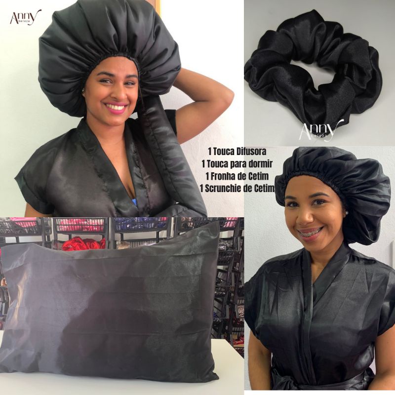 kit Cetim – Touca Difusora Tamanho Único + Touca para dormir + Fronha  de Cetim + Xuxa de Cetim – Co