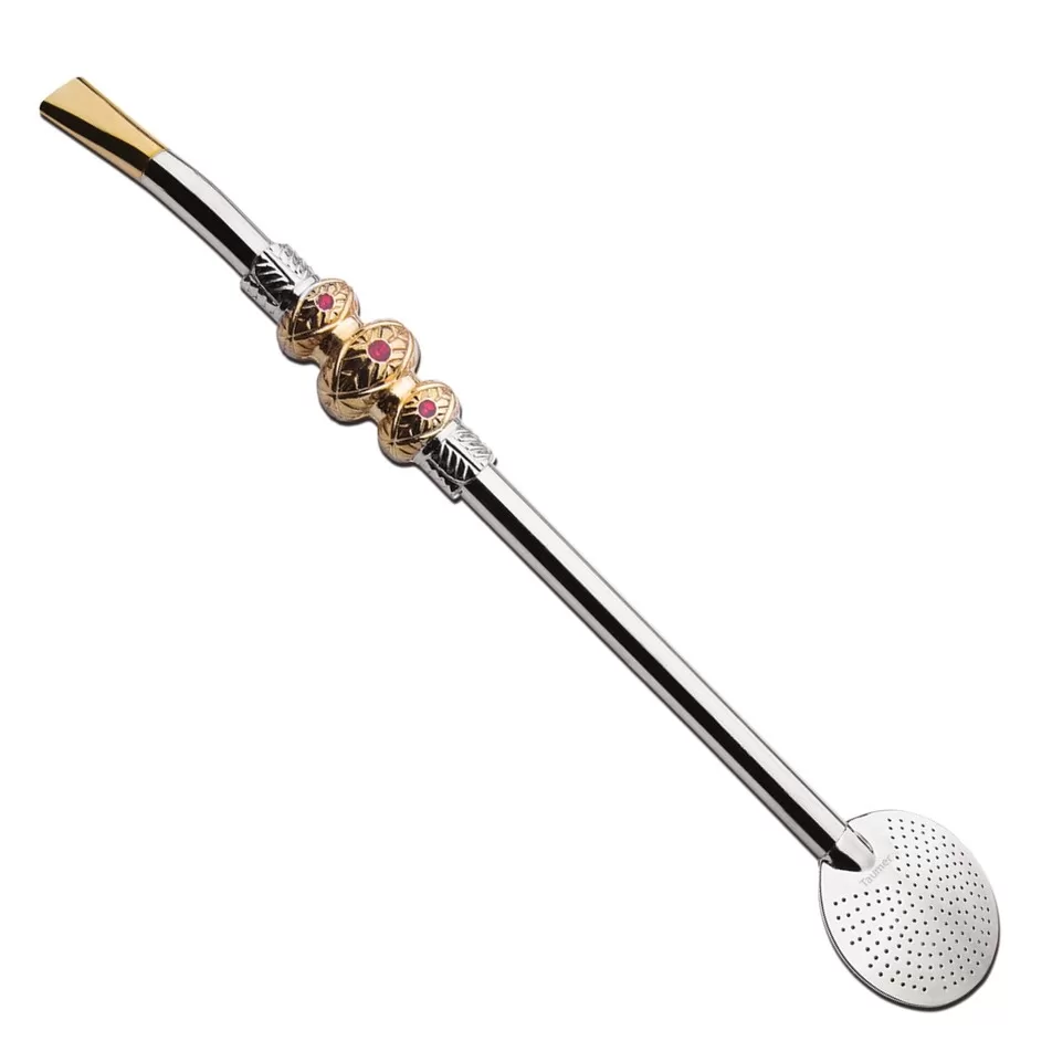 Bomba Para Chimarrão Mate 28cm Aço Niquelado Com 3 Pedras Bojo Redondo – 435 Taumer