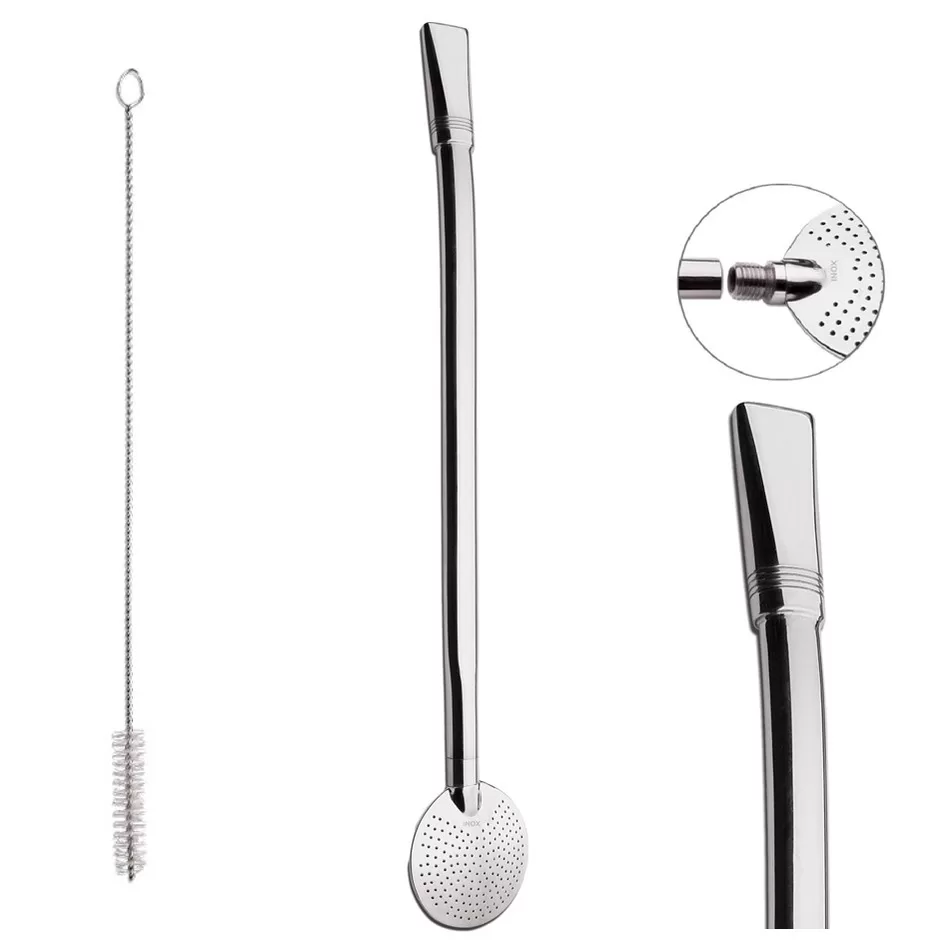 Bomba Chimarrão Tereré Mate 23cm Aço Inox Abaulada Lisa C/ Rosca Biqueira 612 – Taumer