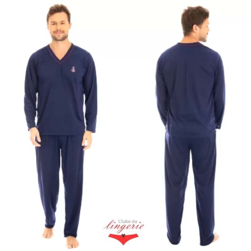 Pijama Masculino Longo 080 Adulto Inverno Gola V Com Bordado