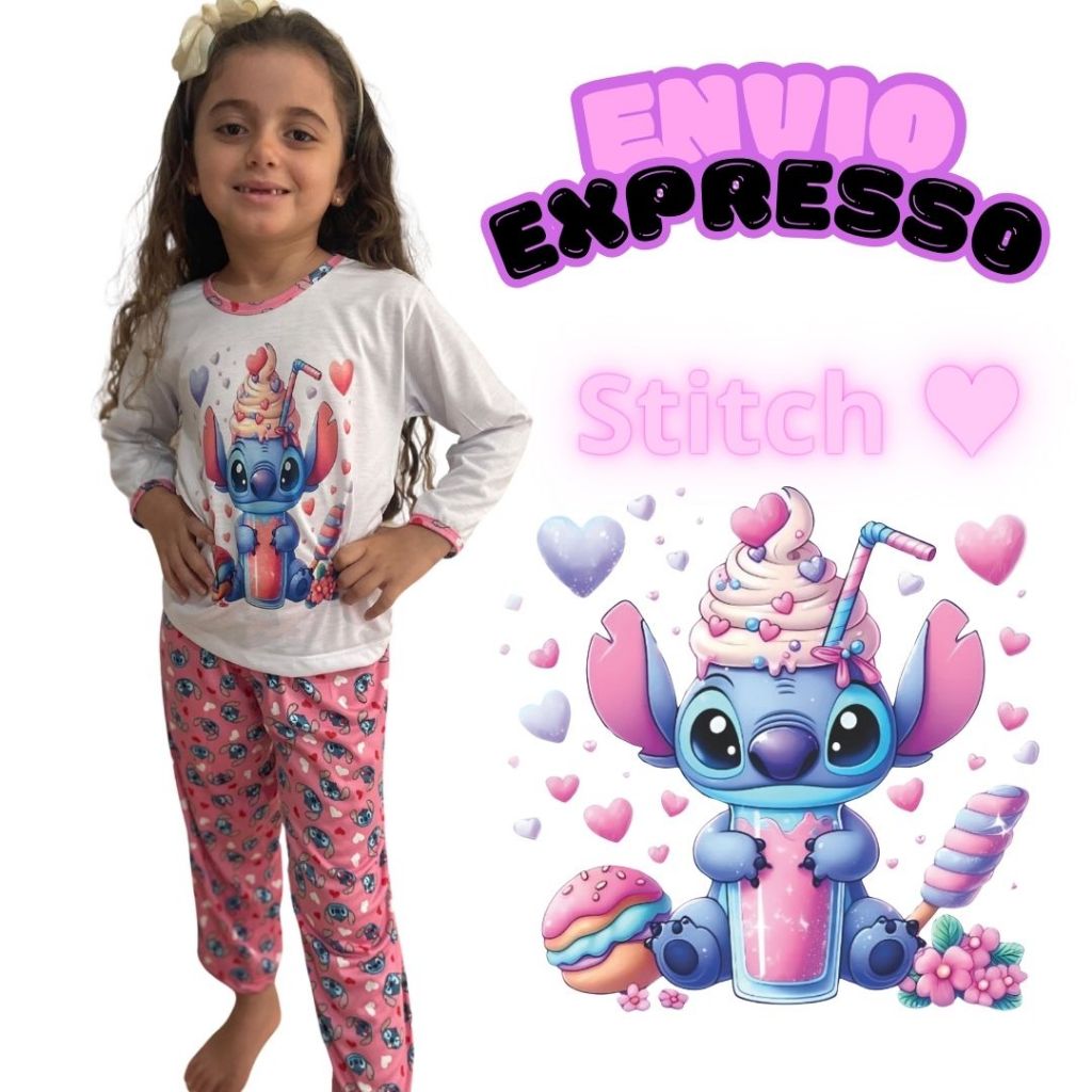 Pijama infantil Feminino Manga Curta Estampado Personagem Inverno Personalizado stitch presente