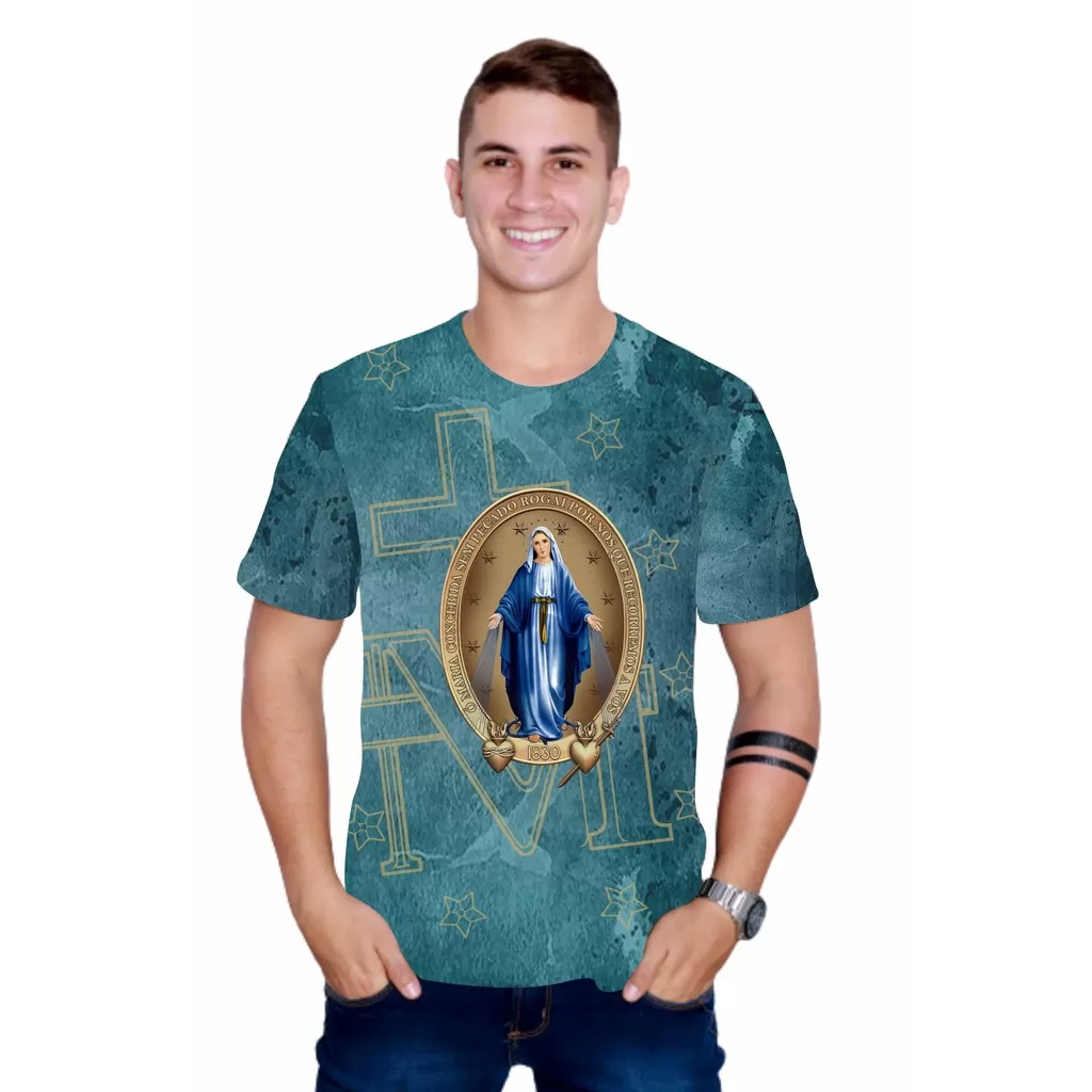 Camiseta Religiosa Católica Nossa Senhora das Graças Medalha CTF1245