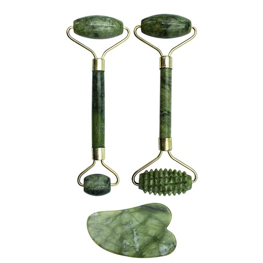 Kit 2 Rolo Massageador Facial Pedra de Jade + Plac