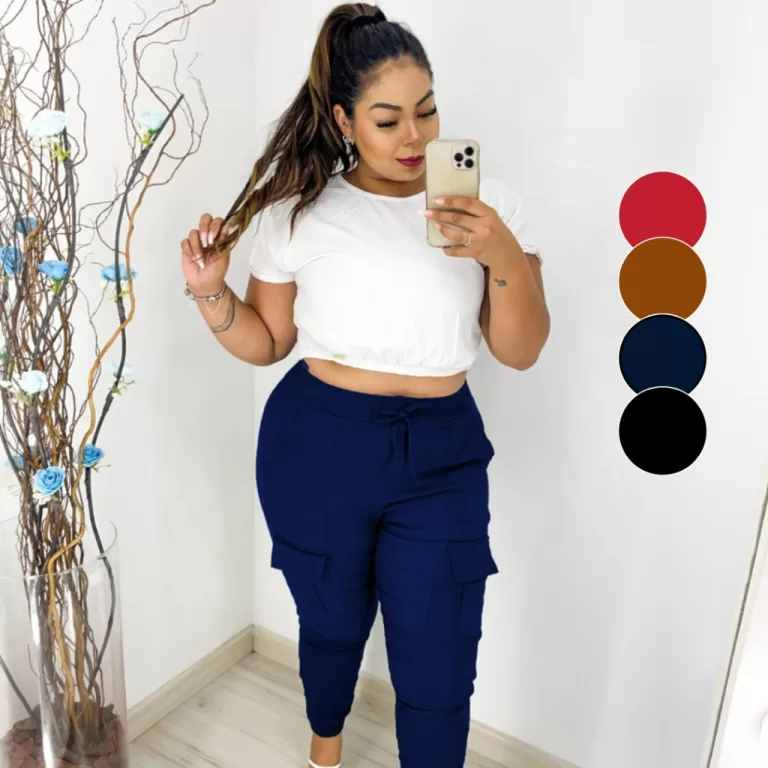 Calça Feminina Plus Size Cargo Bengaline Bolso La