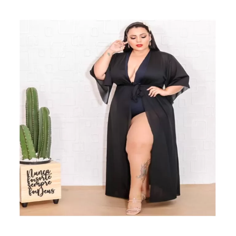 Saída Praia Longa Vestido Kimono Manga Aberta Plu