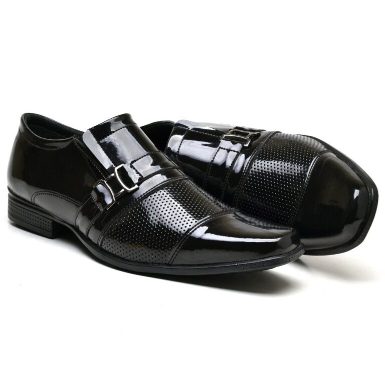 Sapato Social Masculino Verniz Preto Branco Detalh
